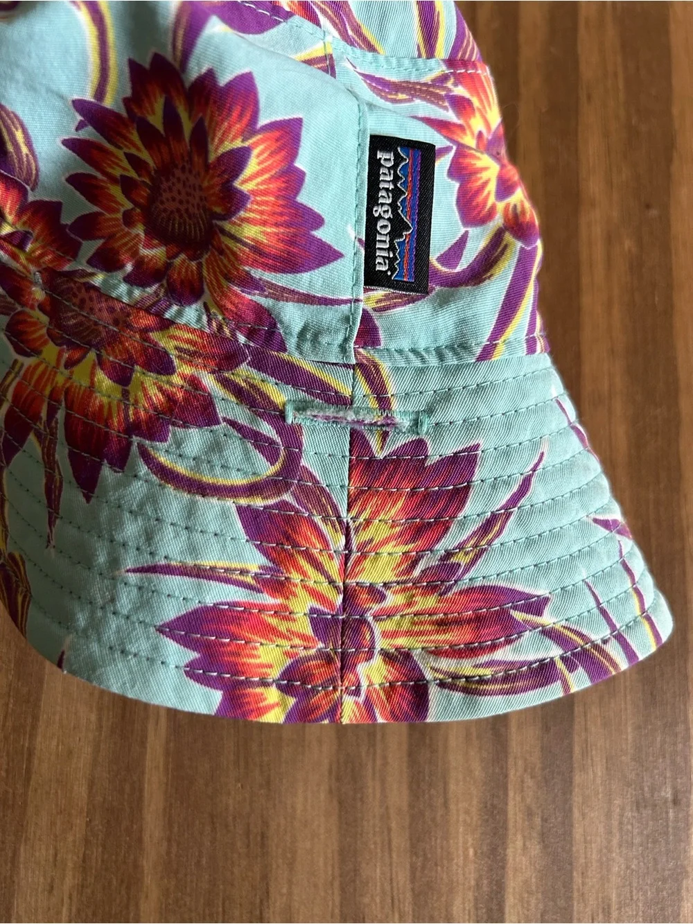 Patagonia Baby Reversible Aqua Bucket Hat with Pink & Orange Floral Print
